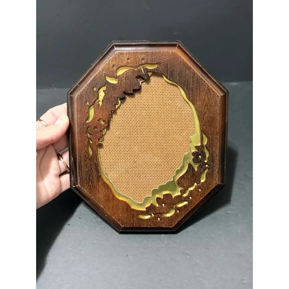 Vintage Octagonal Faux Wood Picture Frame Gold Floral Filigree 8x6.5